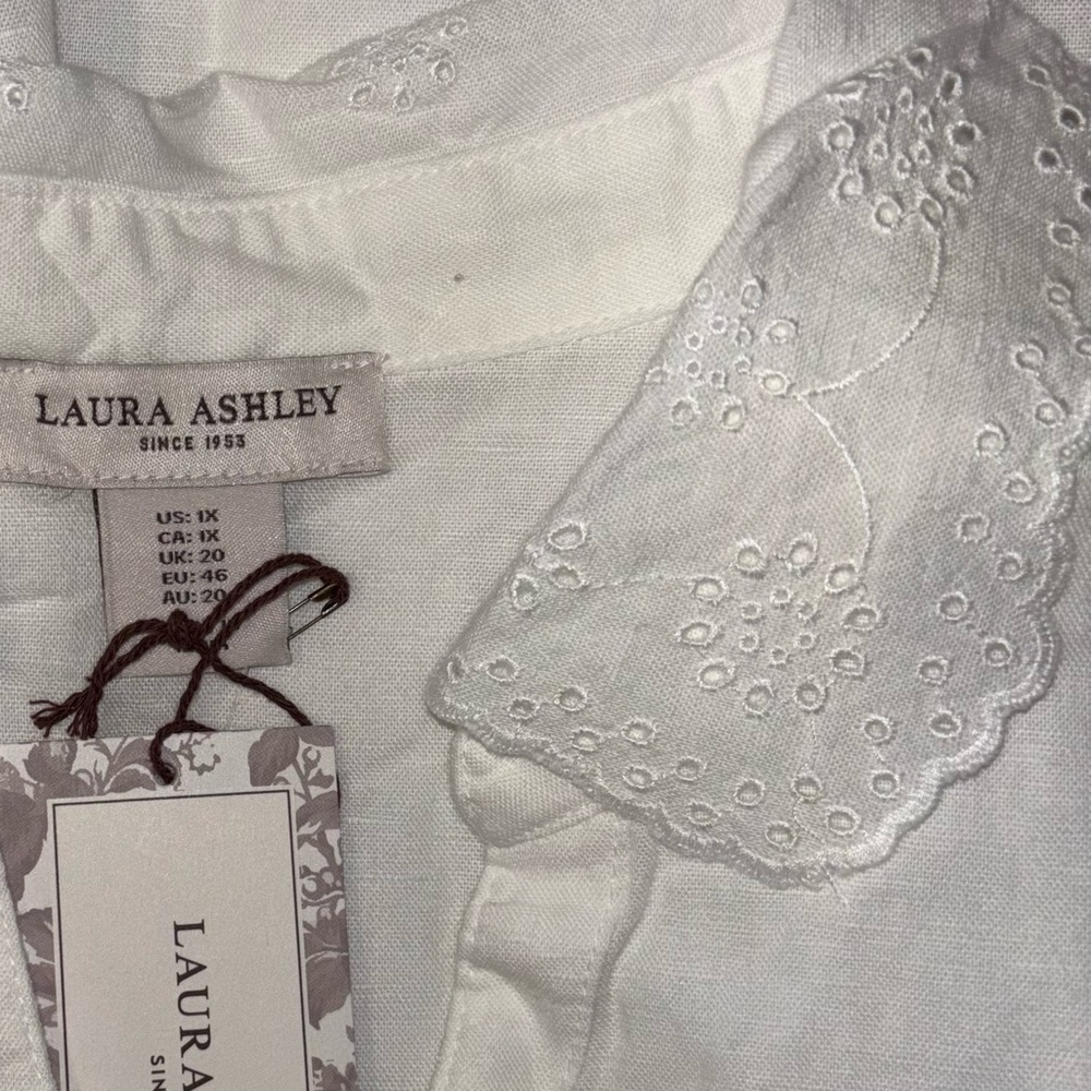 Laura Ashley Blouse Linen Cotton Blend Button Front Long Sleeve Eyelet Collar 1X - Picture 11 of 13